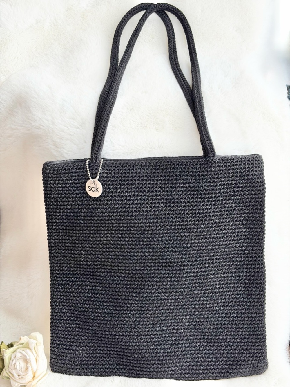 Like NEW THE SAK Black Crochet Tote with Branded Charm EXCELLENT SHAPE!